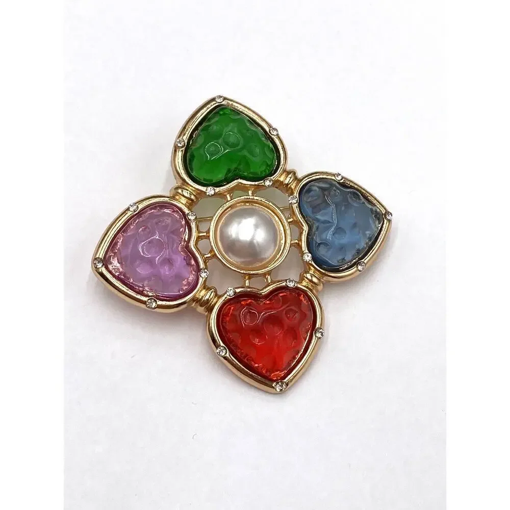 Brooch Pin Four Leaf Hearts Acrylic Colorful Faux Pearl Gold Tone